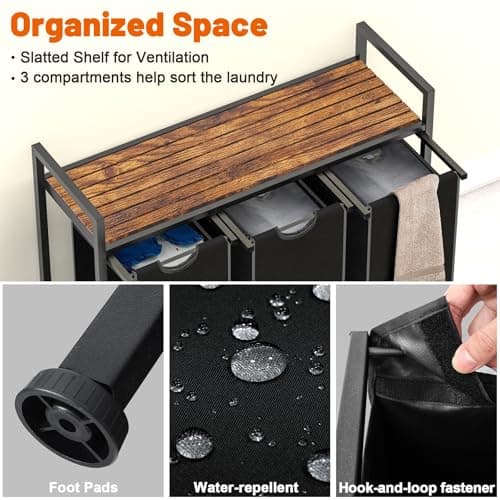 Sonharlar Laundry Hamper, Laundry Sorter with 3 Pull-Out Removable Oxford Fabric Bags Cloth Laundry Basket 3 x 10 Gallons (Black and Rustic Brown) 5