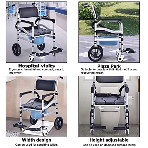 Qyrztaon Shower Chair with Wheels Aluminum Alloy 4 in 1 Foldable Height Adjustable Shower Wheelchair, Sturdy Rolling Shower Chair with Large Commode for Seniors, Black 7