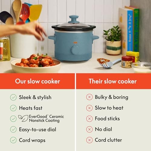 bella 1.5 Qt Slow Cooker with 3 Heat Manual Control, Ceramic Nonstick Coating, Dishwasher Safe Stoneware Pot and Tempered Glass Lid, Tangle Free Cord Wrap & Cool Touch Handles, Surf 7