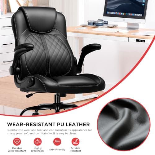 GTPLAYER Office Computer Gaming Chair Ergonomic Desk Chair for Adults with Lumbar Support Flip-Up Arms Adjustable Height Swivel Wheels PU Leather Executive Design for Short People Use, Black 8