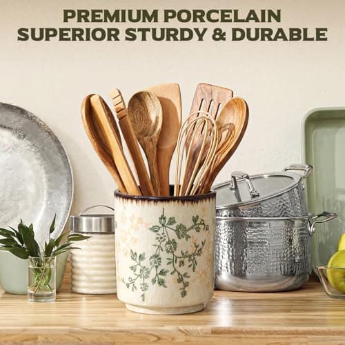 Teecyhooo Kitchen Ceramic Utensil Holder Rustic 5.5" Green Floral Utensil Crock for Countertop Tuscany Cooking Tools Storage Caddy for Spatula Spoon Farmhouse Decor Housewarming Gift 5