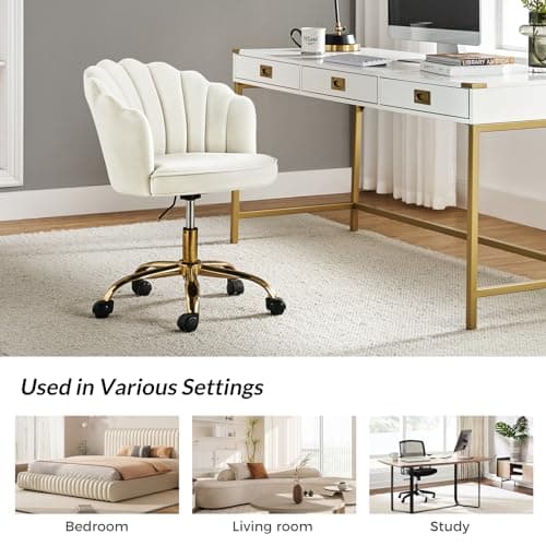 HULALA HOME Velvet Home Office Desk Chair with Gold Base, Adjustable Swivel Task Chair for Vanity, Women's Modern Cute Shell Back Upholstered Design, for Living Room, Ivory 6