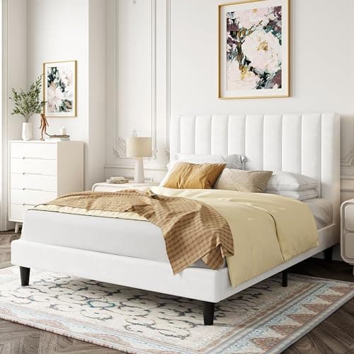 Allewie Full Bed Frame/Velvet Upholstered Bed Frame with Vertical Channel Tufted Headboard/Strong Wooden Slats/Platform Bed Frame/Mattress Foundation/Box Spring Optional/Easy Assembly/White 3