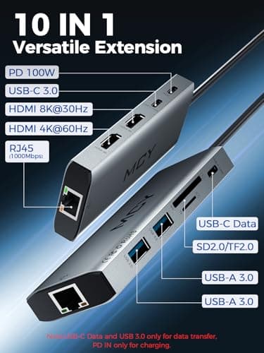 MCY USB C Hub,Laptop Docking Station Dual Monitor Single 8K,2x4K@60Hz,10in1 Type-C Multiport Adapter with PD100W,Card Reader,Extender,Splitter,Ethernet Dock for MacBook Ipad Pro/Dell/HP/Surface etc. 2