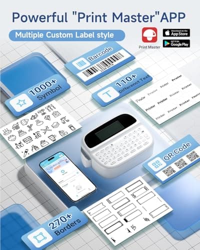 Memoqueen Label Maker, Label Maker Waterproof-Labels,Rechargeable Bluetooth Labeler with Backlit LCD, Multi-Symbol Icon Style Template Desktop Label Machine Widely Used in Office, Home,School 6