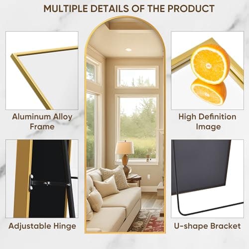 Suidia 59"x19" Arched Full Length Mirror with Stand, Full Body Mirror with Aluminum Frame, Freestanding/Leaning/Wall-Mounted, Floor Mirrors for Bedroom, Living Room, Entryway, Dressing Room, Gold 5