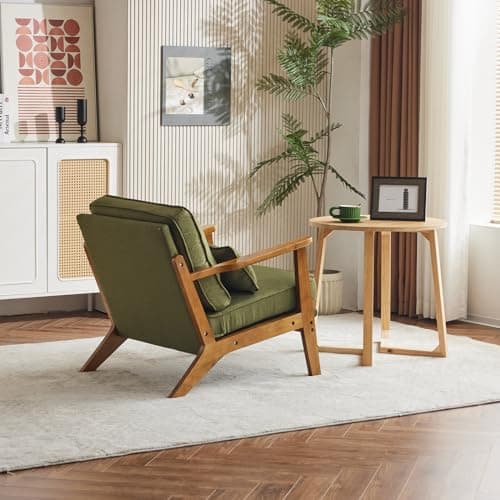 Karl home Accent Chair Wide Armrest Mid-Century Lounge Chair Linen Fabric Armchair with Lumbar Pillow & Solid Wood Frame for Living Room, Bedroom, Balcony, Green 6