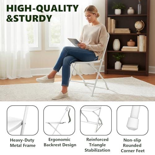 MAKE CHANGES Folding Chairs 2 Pack, Plastic Folding Chairs for Outside, Heavy Duty Foldable Chairs, Sturdy Metal Folding Chairs, 350 lbs Capacity, for Patio, Garden, Camping, White 5