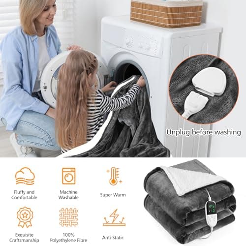 OneAmg Heated Blanket Electric Throw 52"X60",Electric Blanket with Foot Pocket,6 Heat Settings & 1-10 Hours Time Settings Auto-Off,Machine Washable Heating Blanket for Home and Office (Gray) 6