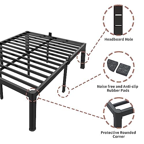 ROIL 14 inch Full Size Bed Frame with Headboard Hole and Round Corner Legs Mattress Retainers 3500LBS Heavy Duty Steel Slats No Box Spring Needed Platform Noise-Free Underneath Storage 6