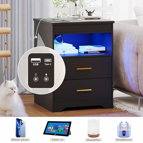 Night Stand with Gun Drawer, Charging Bedside Table with USB & Type-C Port, LED Nightstand with Human Sensor Light, Modern End Table with Drawers for Bedroom Office, Black 6