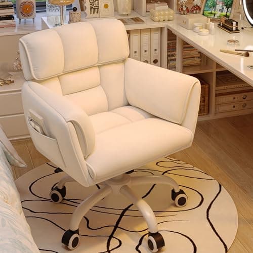 DurayLoly Home Office Chair with Wheels Soft-Touch Material,Modern Cute Vanity Chair with Back Adjustable Height Upholstered Comfy Desk Chairs with Side Pockets for Bedroom,White
