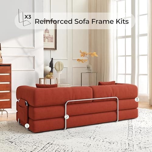 79" Convertible Sofa Bed with Pillows, Corduroy Folding Sleeper Sofa with Fixed-Shape Frame, Boneless Couch for Living Room Bedroom, Floor Sofa Lounge No Assembly Required (A - Style-Orange) 7