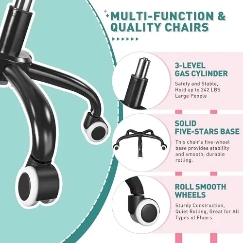 DurayLoly Home Office Chair with Wheels Soft-Touch Material,Modern Cute Vanity Chair with Back Adjustable Height Upholstered Comfy Desk Chairs with Side Pockets for Bedroom,Black 8