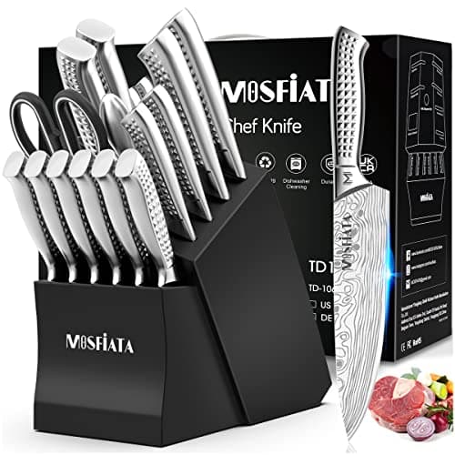 MOSFiATA Japanese Stainless Steel Knife Set, 17 Pcs with Block, Knife Sharpening Rod, Dishwasher Safe, Dad Birthday Gift