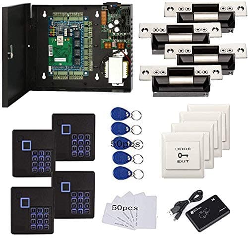 MENGQI-CONTROL 4 Doors Complete TCP/IP PIN Code RFID Card/Fob Access Control Systems with North American Standard Electric Strike for Latch Doors Keypad Reader 110V Power Supply APP Remote Open Door