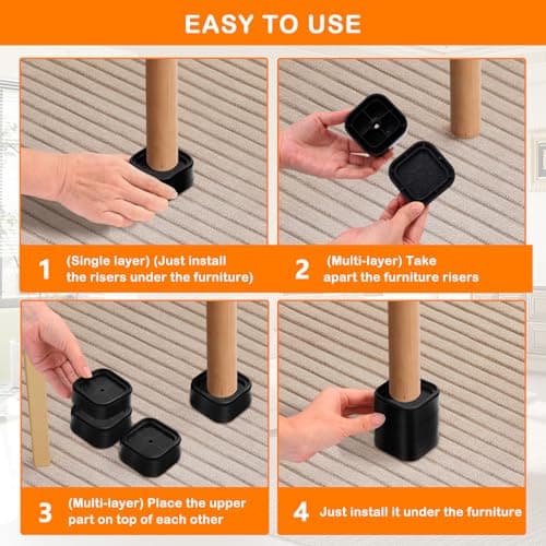 shouwuhho 8 Pack Furniture Risers Adjustable Bed Risers Heavy Duty Lifts Height 1", Square Stackable Bed Risers 1, 2 or 3 Inch for Desk Leg Table Couch Sofa Chair Bed Frame Legs Dorm, Black 7