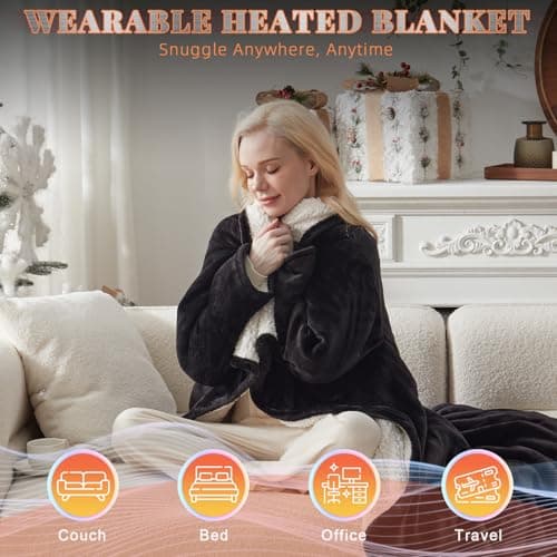 Richtry Electric Blanket Wearable with Foot Pockets & Sleeves, Electric Heated Snuggle Blanket, Flannel & Sherpa Heating Throw with 10 Heat Settings, 1-12 Hours Auto Shut-Off, 50"×70", Black 5