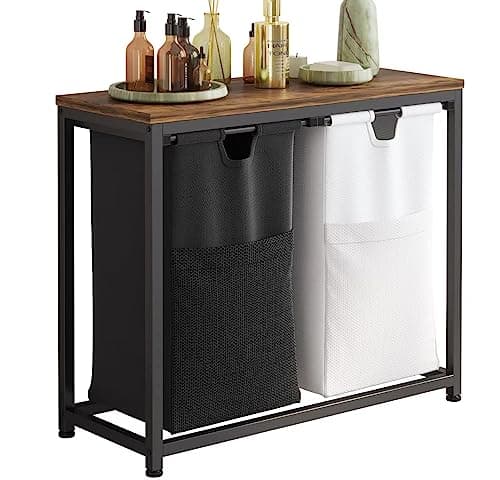 LIVEHOM Laundry Basket Double Laundry Hamper with Removable Bags, Fabric Handles, Large Top Shelf and Laundry Bag for Bathroom, Dorm, Laundry Room