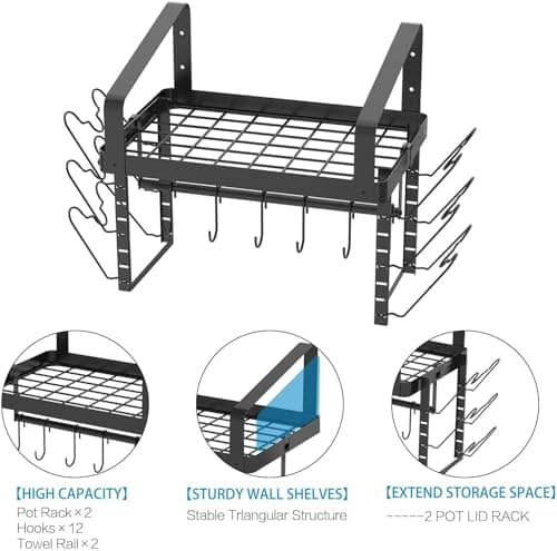 X-cosrack Pot Racks Wall Mounted Set of 2,with Towel Bar and Pots Pans Lids Organizer, Kitchen Cookware Hanging Shelves with 12 Hooks, Black 7