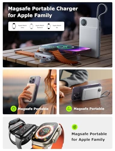 LISEN Magsafe Wireless Power Bank for iPhone 16 Icemag Power Bank, 10000mah Built-in Cable Pack Power Bank Fast Charging 22.5W Portable Charger with Apple Watch Charger Fits iPhone 16 15 14 Pro Plus 2