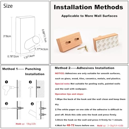 HomeDo 4Pack Adhesive Wall Hooks Hat Rack, Wooden Coat Hooks Wall Mounted, Decorative Hooks Single Organizer Hat Hanger Towel Rack, Heavy Duty Hooks (Rectangle-Beech,4P) 7