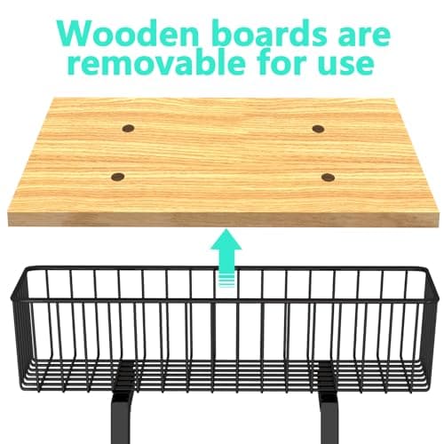 Simple Trending 7 Tier Towel Rack Organizer for Bathroom, Top Basket with Wood Shelf and Towel Organizer, Wall Mounted Towel Rack, Black 6