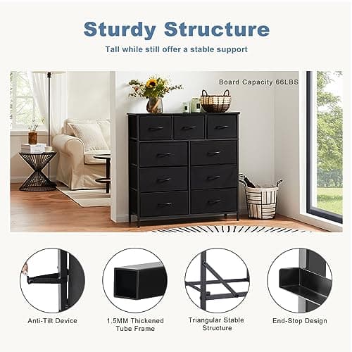 DUMOS Dresser for Bedroom, Storage Organizer with 9 Drawers, Chest of Drawers with Fabric Bins, Sturdy Metal Frame, Wood Tabletop for Guest Room, Closet, Entryway, Black 7