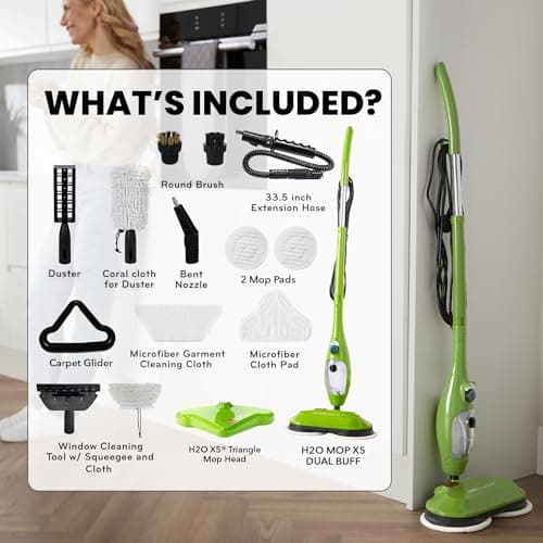 H2O X5 Dual Buff Steam Mop, 8 in 1 Handheld Steam Cleaner For Kitchen Tile Floors, Hardwood Floors, Grout Cleaner, Upholstery Cleaner and Carpets, 2 washable scrub pads, 11 cleaning accessories 6