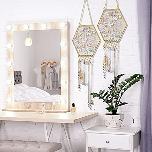 Jetec 2 Pcs Earring Wall Holder Wall Mounted Earring Organizer Hanging Jewelry Stand Decorative Diamond Grid Shape Display Rack with Hooks for Earrings Necklace Bracelet(Gold) 5