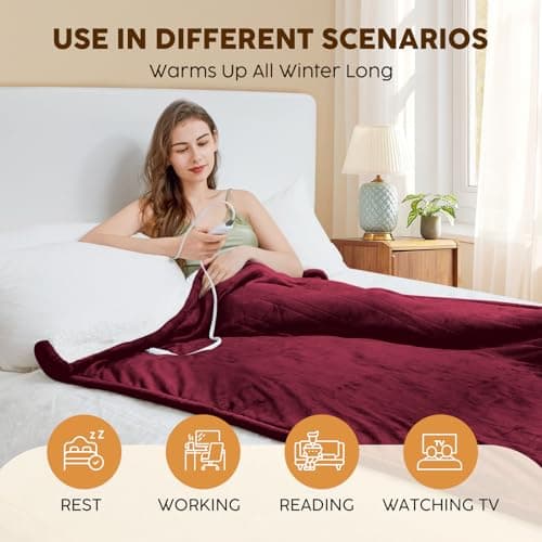 HYLEORY Heated Electric Blanket Twin 62"x84" Soft Fleece & Flannel with 5 Heating Levels & 10 Hours Timer Auto Shutt Off, ETL Certified, Washable，Heated Blanket for Body-Red 5