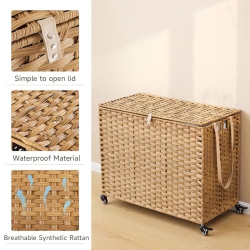 Laundry Hamper with Wheels, 52.8 Gallon(200L) Rolling Laundry Basket with Lid, 3-Section Rattan Clothes Hamper with 3 Removable Liner & 3 Mesh Bags, Laundry Sorter with Side Pocket, Natural 8