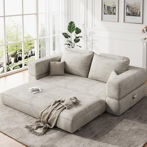 Jocoevol 4-in-1 Folding Convertible Sofa Bed with Large Pillow, 75'' Queen Floor Foldable Futon Sofa Bed, Chenille Boneless Mattress Couch, Floor Sleeper Sofa Chair Bed for Living Room/Bedroom, Beige