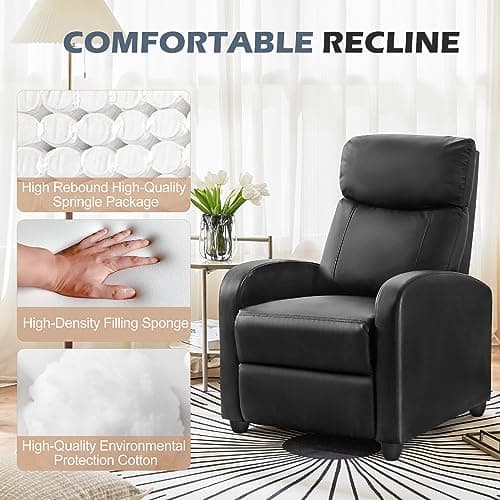 SMUG Recliner Chair Massage Reclining for Adults, Comfortable PU Leather Recliner Sofa Adjustable Home Theater Seating Lounge with Padded Seat Backrest, Small Recliners for Living Room (Black) 8