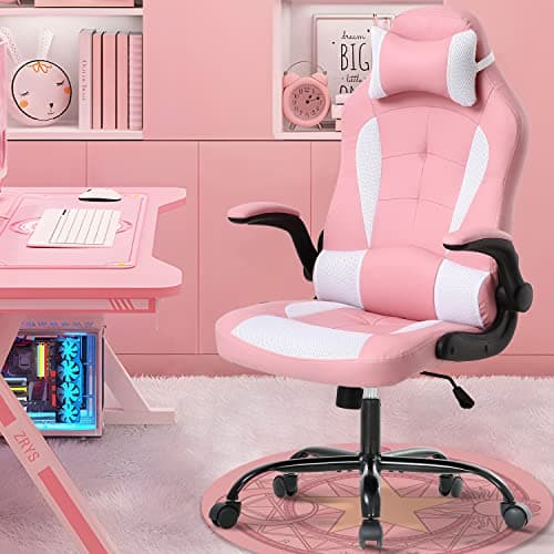 Pink Gaming Chair for Girls & Adults - Ergonomic High Back Office Desk Chair with Adjustable Lumbar Support, Flip-Up Arms & Headrest - PU Leather Swivel Computer Task Chair for Kids & Teens