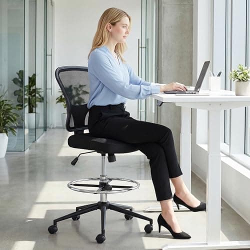 Armless Drafting Chair Tall Office Chair Adjustable Height High Back Ergonomic Desk Chair Drafting Stool Rolling Bar Stools Chairs with Footrest and Wheels 7