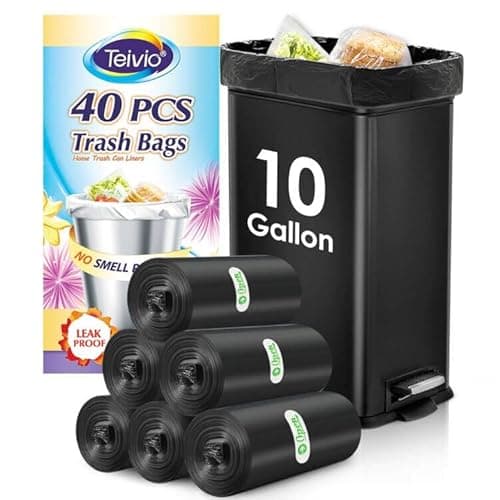 10 Gallon 40 Counts Medium Trash Bags Tall Kitchen Garbage Bags by Teivio, 9 Gallon 10 Gallon 11 Gallon,Bathroom Trash Can Bin Liners, Intended for Home,Plastic Bags for office kitchen, Black