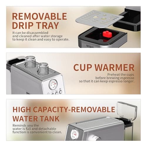 YASHE Espresso Machines 20 Bar, Upgraded 1350W Espresso Maker with Milk Frother Steam Wand and 37.2oz Removable Water Tank, Semi-Automatic Steam Espresso Coffee Maker, Cappuccino Machine for Home 6