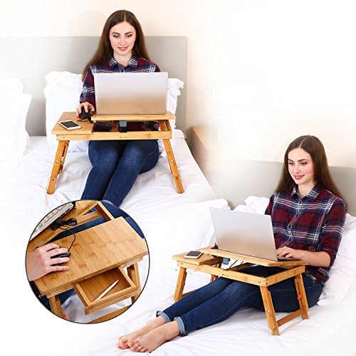 Laptop Desk Nnewvante Table Adjustable Bamboo Foldable Breakfast Serving Bed Tray w' Tilting Top Drawer 8
