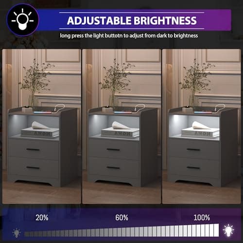 dnbss Grey Night Stand with Wireless Charging Station, Nightstand with 2 Drawers, Smart Bedside Table with 24-Color RGB Lighting, Modern LED Lighted Nightstand for Bedroom 5