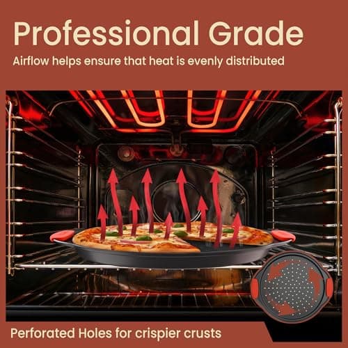 Bakken Pizza Baking Pan - Round Perforated Carbon Steel Pan with Non-Stick Marble Coating, Oversized Silicone Handle, Dishwasher Safe, High-Temperature Resistant, Durable & Easy Cleanup Black, 2 Pack 6