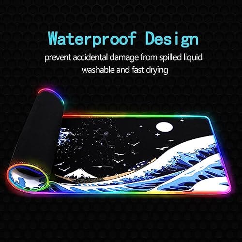 Gaming Laptop Mouse Pad,Sea Wave Big Mice Pads PC Keyboard Waterproof and Non-Slip 31.5 x 11.9 0.12" Thick XL,XXL Rubber Table Mat, RGB Led with 10 Lighting Modes+9 Color Changing Modes Mat 5