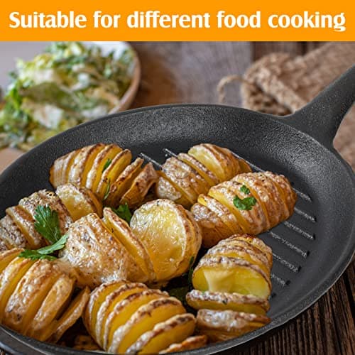 Tanlade 3 Sets Cast Iron Skillets Pre Seasoned Fajita Pan Heavy Duty Construction Sizzling Plates with Wooden Base and Silicone Handle Mitt, Black 6