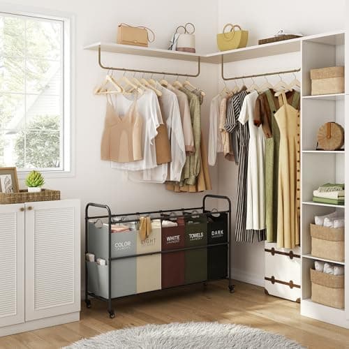 Tajsoon 5 Bag Laundry Sorter Cart, Laundry Hamper Sorter Basket with Heavy Duty Lockable Rolling Wheels for Clothes Storage, 5 Colors 7