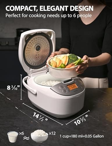 Toshiba Rice Cooker 6 Cup Uncooked – Japanese Rice Cooker with Fuzzy Logic Technology, 7 Cooking Functions, Digital Display, 2 Delay Timers and Auto Keep Warm, Non-Stick Inner Pot, White 2