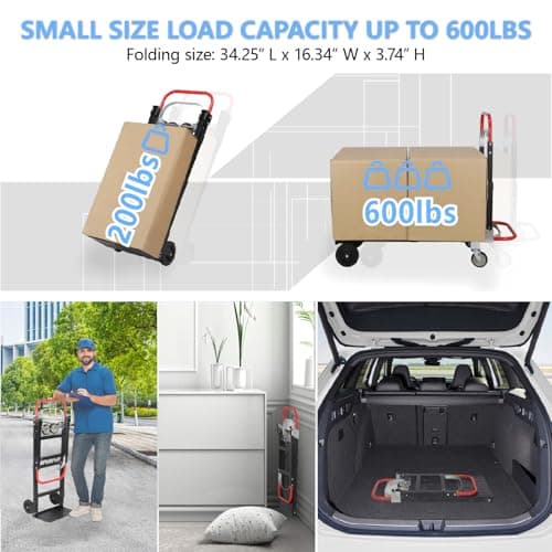 3 in 1 Convertible Hand Truck, Folding Hand Dolly Cart with Retractable Handle, 600LBS Heavy Duty Aluminum Hand Truck Dolly for Luggage, Shopping, Home, Office Moving 6