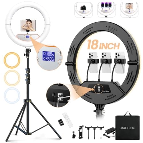 18" Foldable Ring Light with Stand for iPhone ipad, LED Display/2 USB Ports/4 Phone Tablet Holders, 2700-6500K Dimmable Ring Light for Tattoo Barber Makeup Studio Video Recording Photography