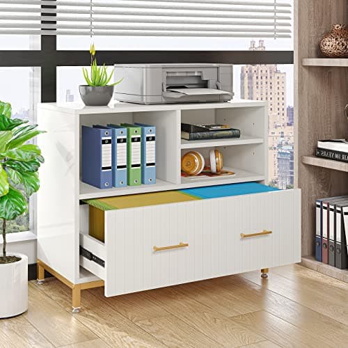 Tribesigns Lateral File Cabinet with Drawer, White Filing Cabinet for Letter/Legal/A4 Size Files, 35.4" Modern Wood File Storage Cabinets Printer Stand with Storage for Home, Office, White Gold 6