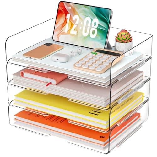 YKLSLH 4 Trays Paper Organizer Letter Tray - Acrylic Desk File Organizer, Stackable Clear Paper Holder Sorter Office Organizer for Letter/A4, Office File Ipad Books Notes Etc