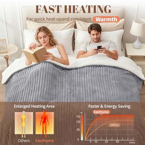 Easthome Electric Heated Blanket Queen Size Dual Control - 84"x90" Fast Heating Bed Blankets with 6 Heating Levels & 10 Hours Auto Off, Soft Ribbed Flannel, Over-Heat Protection ETL, Light Gray 4